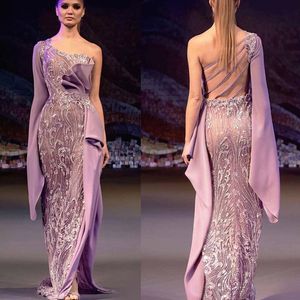 Aso Ebi Arabiska Kändis Kväll Klänningar Sexig En Skulder Sequins Appliqued Mermaid Prom Klänning Lång Criss Cross Red Carpet Party Gowns