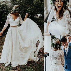 Two Pieces Beach Boho Wedding Dresses Bridal Gowns 2021 Lace Soft Tulle Chiffon Bohemian Country Plus Size Long A Line Bride Dress Half Sleeve