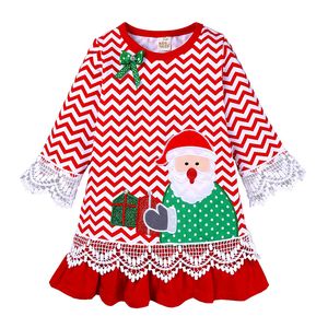 Bebés Meninas do Natal de Papai Noel vestido dos desenhos animados Lace Bordados mangas compridas Ruffle Crianças Stripe Princesa Vestidos Xmas crianças roupas M778