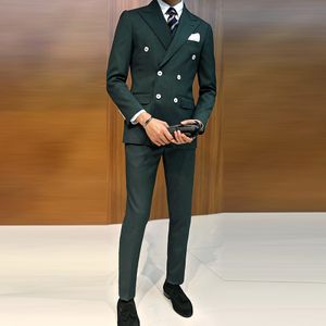 Mode Dark Green Stuks Mannen Past Double Breasted Peak Revers Slim Fit Avondfeest Prom Pak Bruiloft Tuxedos voor Mannen Custom Made