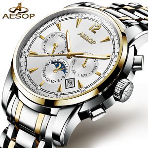 AESOP MAN Automatyczne mechaniczne zegarek Mężczyźni Luxury Gold Blue Men's Wristwatch Wodoodporny Mężczyzna Zegar Mężczyźni Luminous Relogio Masculino