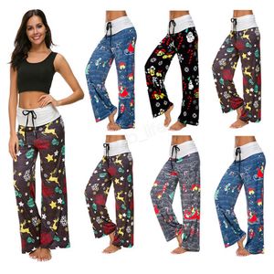 Floral Wide Leg Pants Elastic Waist Stripe Palazzo Capris Lady Sport Loose Long Pants Women Trousers Fitness Yoga Bottoms LJJA2776-16