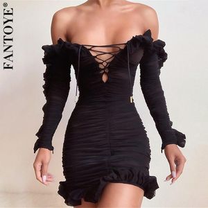 Fantoye Women Ruffle See Through Dress Sexy Off-Shoulder Bandage Bodycon Dress Ladies Strapless Skinny Party Dresses Vestidos1