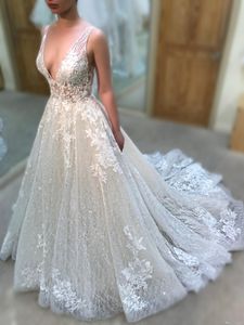 A-Linie Sexy Kleider mit tiefem V-Ausschnitt, offener Rücken, Perlenspitze, Hochzeitskleid, Brautkleider, Kristall-Strass-Braut, formelles Kleid