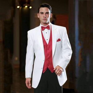 Ultimo design due bottoni abiti da uomo bianchi da sposa tacca risvolto tre pezzi smoking da sposo business (giacca + pantaloni + gilet + cravatta) W1101