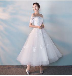 Новое длина лодыжки короткое свадебное платье с половиной рукавов от плечевого кружевного топа