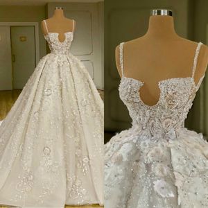 Luxury Beaded Crystal Wedding Dress Spaghetti Neck Lace Appliqued Vestido De Noiva Plus Size Wedding Dresses Bridal Gowns