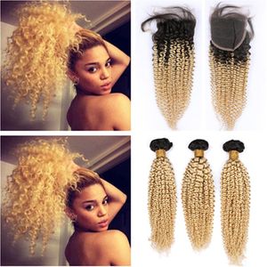 Blonde Ombre Brasilianska Human Hair Weave Bundlar med 4x4 Lace Closure Kinky Curly # 1b / 613 Blonde Ombre Virgin Hair Wefts med stängning