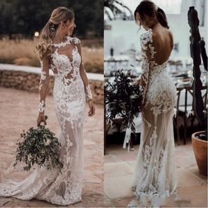 2019 Sexy Beach Sheath Wedding Dresses Illusion Neck Open Back Applique Lace Plus Size Bohemian Bridal Gowns BC1076