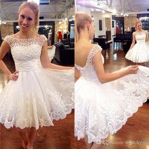 Designer White Knee Length Wedding Dresses Sexy Backless Petite Bateau Pearls Lace Short Wedding Dresses Cocktail Beaded Satin Sashes Bridal