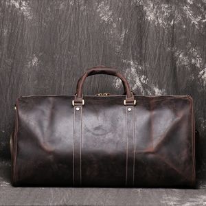 Mens Travel Bag grão completo Genuine Leather Travel Duffel Bag Tote durante a noite Transporte na bagagem Bags de semana de semana1262p