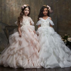 Stylish Lace Appliqued Backless Flower Girl Dresses For Wedding V Neck Beaded Toddler Pageant Gowns Tulle Tiered Kids Prom Dress