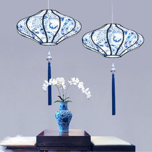 New Chinese chandelier lighting antique blue and white porcelain sheepskin fabric hot pot restaurant tea house tea room Chinese style