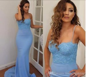 2019 Light Blue Mermaid Lungo Prom Dress Spaghetti Cinghie Feste Formali Usura di Laurea Evening Party Pageant Gown Custom Made Plus Size