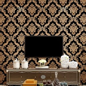 Luxo damasco vinil Wallpaper ouro preto vermelho PVC papel de parede rolo impermeável parede Tampa Sala Quarto Home Decor