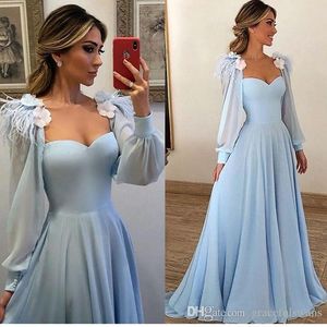 älskling långärmad formell aftonklänningar blå chiffong en linje eleganta aftonklänningar blommor fjädrar långa prom klänningar nytt mode