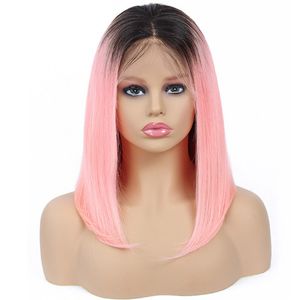 Malaysiskt mänskligt hår 13x4 spets främre bob peruk 1b/rosa 1b/grått rakt jungfruhår 13 med 4 spets front peruk grossist