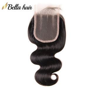 Malásia 3 Parte Lace Fecho Virgem Humanhair Parte 4x4 Onda Corporal Top Lace Fechamento com Cabelo Bebê Cor natural Bella Cabelo