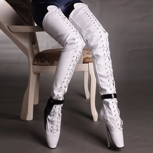 18 CM Yüksek Topuk Uyluk Yüksek Çizmeler Kadın Zip Lace Up Bale Topuklu Siyah / Beyaz Seksi Fetiş Patik Kadın Kasık Botları