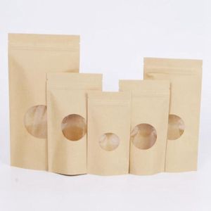 500pcs Zip Lock Standing Kraft Paper Bags med runda fönster Kraft Pack Storage Torkad mat Frukt Te elektronisk produkt