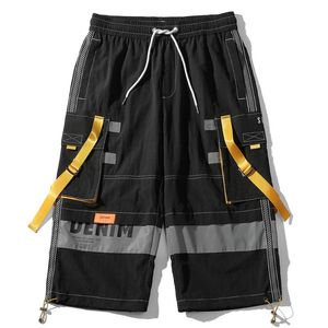 2020 Lato Casual Hip Hop Cargo Spodenki Mężczyźni Kolor Patchwork Wstążki Streetwear Nylon Spodenki Mutil Kieszenie Krótkie Jogger Spodnie Mężczyźni