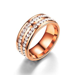 Rostfritt stål två rader diamantring rosguld band ringar bröllopsherr kvinnor mode smycken vilja och sandig