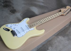 Leworęczna żółta gitara elektryczna z muszelkowym kłębodą, biała pickguard, może być dostosowana jako żądanie