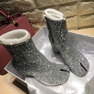 Hot Sale-Genuine Leather Round Split Toe Elastic Ankle Boots Bling Laser Sequined Party Tabi Boots High Heel Women Shoes