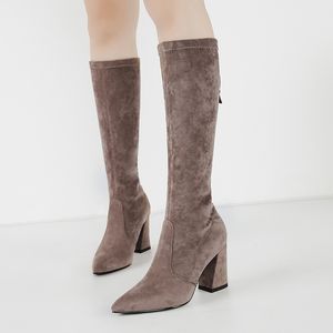 Hot Sale-Höst Winter High Heels Kvinnor Sock Stövlar Mid Kalf Sexiga Spetsiga Toe Tjocka Klackar Damskor Håll Varma Plush Bomull Stövlar