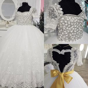 Shinny Rhinestones Beaded Flower Girl Dresses 2020 With Lace Short Sleeve Square Gold Ribbon Bow Applique Glitz Pageant Dresses For Girls