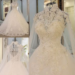 2024 Luxury High Neck Crystal Beads A-line Wedding Dress With Warp Romantic Arabic Lace Wedding Gown Wedding Dresses Vestido De Noiva