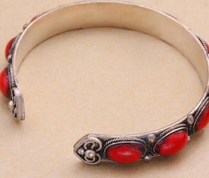 Armband 914 +++ Vintage Röd Coral Bead Manschett Bracelet Bangle Tibet Silver