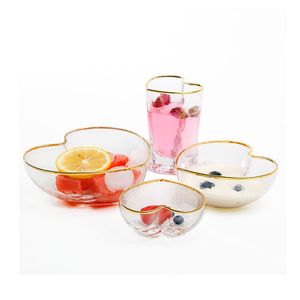 Szklane miski w kształcie serca kubki ze złotą obręczą premium japońskie młot teksturowe szklane naczynia szklane do sałatki owocowej deser ultra czysty koral
