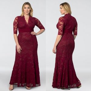 Burgundy Mermaid Plus Size Lace Prom Dresses V Neck Short Sleeves Evening Gown Floor Length Formal Dress