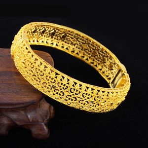 Newest Jewelry Hollow 18k Yellow Gold Filled Bangle Dubai Bracelet for Wedding Party Thick Openable Gift