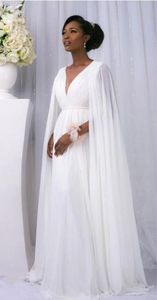 Bohemian White Cheap Simple Beach Chiffon Wedding Dresses with Capes Western Lebanon Rustic Fitted Wedding Dress