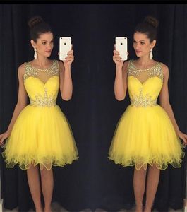 Sparkle Short Yellow Prom Dresses 2019 A Line Sheer Neck Crystal Beaded Knee Length Homecoming Dress Party Gowns