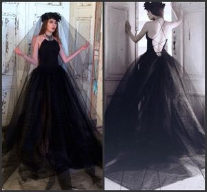 Gothic Schwarz A-Linie Brautkleider Rückenfrei Tüll 2019 Neue Vintage Spaghetti Hochzeit Brautkleider Korsett Rücken Individuelles Hochzeitskleid