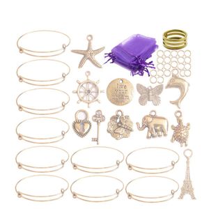 10PCS Set Gold Tone Expandable Wire Bangle Bracelets Charms Gift Bags