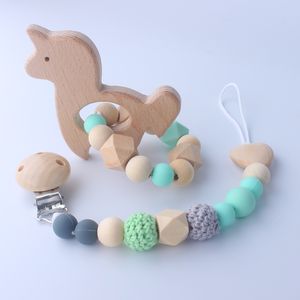 Baby Wooden Teether Silicone Beads Teething Ring Bracelet Hand Made Rattles Pacifier Holder Toys 2Pcs set
