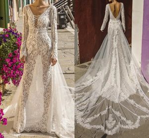 2020 Sexy See Though Body Long Sleeve Berta Wedding Dress Illusion Unique Deep V-neck Big Open Back Bohemian Wedding Dresses Bridal Gowns