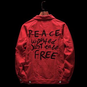 Erkek Kırmızı Bombacı Denim Ceketler Siyah Mektup Baskılı Üst Kat Bahar Sonbahar Erkek Yırtık Kot Ceket Artı Boyutu Veste Jean Homme