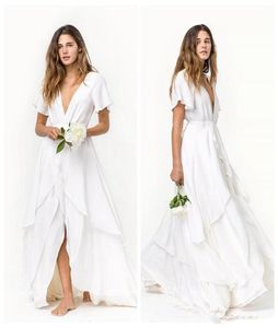 2019 nuove fessure gonne spiaggia romantica abiti da sposa bohémien economici maniche corte scollo a V profondo treno a strati abiti da sposa in chiffon di raso di seta