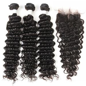 Mongolian Deep Wave Curly Virgin Human Hair Weaves 3 Bundles with Lace Closure Unprocessed Remy Hair Extensions Natural Color 1B Double Weft