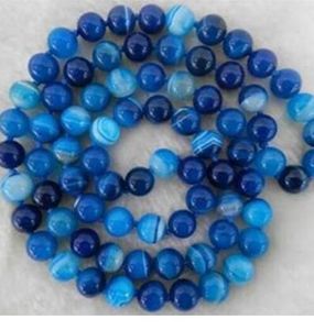 GRATIS FRAKT + 8 mm Natural Blue Stripe Onyx Gem Round Beads Halsband 32''