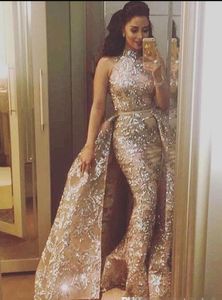 2018 New High Neck Prom Vestidos Sem Mangas sereia lantejoula de Ouro Appliqued com Trem Destacável Pageant Vestido Formal Vestido de Noite Plus Size