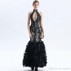 Modern Mermaid Black Lace Evening Dresses Sexy Keyhole Neck Backless Flouncing Ruffles Prom Party Gowns Arabic Women Pageant Runway