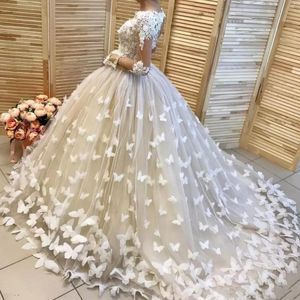 3D Butterflies Appliques Wedding Dresses Lace Top Sheer Long Sleeves Bridal Gowns Custom Made Tulle Sweep Train Wedding Vestidos Custom Made