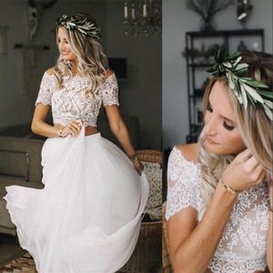 Two Pieces A Line Empire Wedding Dresses Off Shoulder Summer Beach Country Lace Appliques Chiffon Floor Length Arabic Plus Size Bridal Gowns