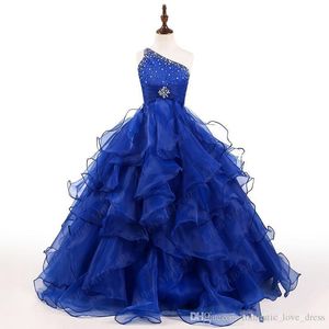 Royal Blue Принцесса Платья для Девочек-Цветочков Bling Bling Кристаллы Одно Плечо Органза Ruffled A-Line Длинные Девушки День Рождения Платья